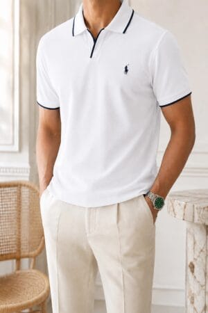 Polo shirt Ralph col V en coton piqué Premuim Ref-PR7190-BLANC