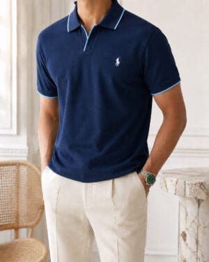 Polo shirt Ralph col V en coton piqué Premuim Ref-PR7190-BLEU