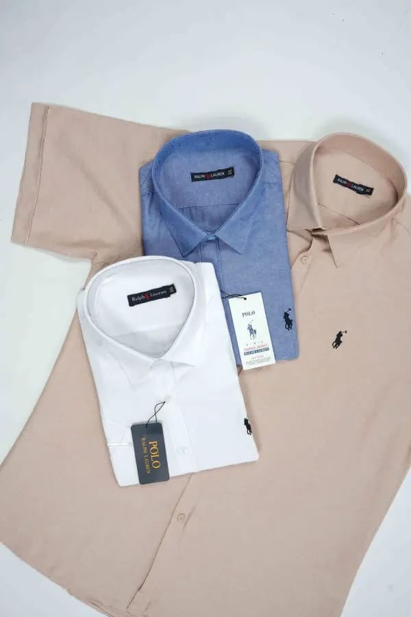 pack de 3 chemises Ralph lauren Oxford demi manche Ref-CH71001D ( Blanche + Beige + Bleu roi )